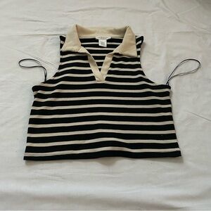 Striped Black and Cream Sleeveless Top with Collar